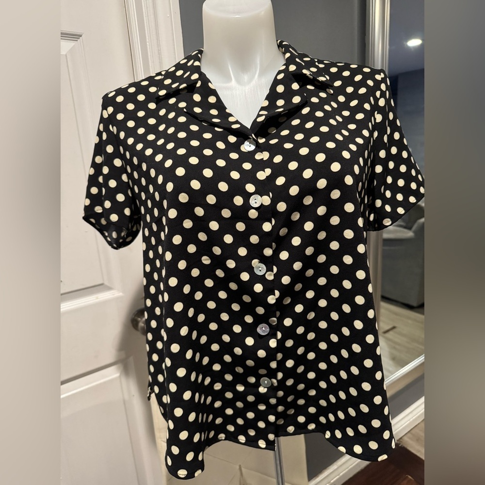 Polka Dot Button-Up Blouse - Black and Cream